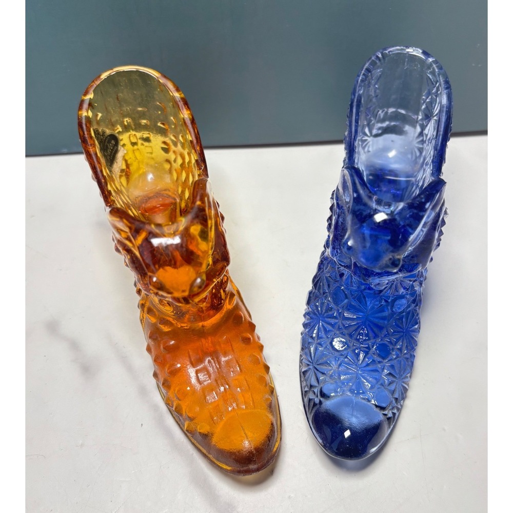 Fenton Art Glass Slipper 2 Pc Set Hobnail & Blue Daisy Button Glass Boots
